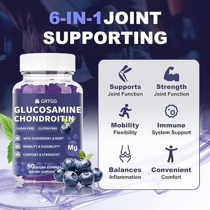Glucosamine Chondroitin Gummies with MSM & Elderberry Extra Strength 3000MG - Joint Support, Antioxidant Immune Support Supplement for Adults, Men & Women - 90 Blueberry Gummies