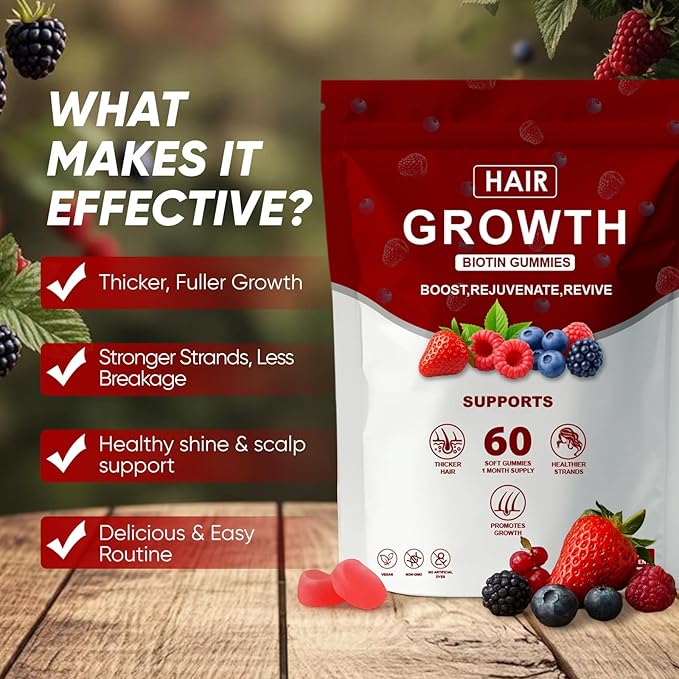 Hair Growth Gummies for Black Women, Hair Growth & Strength, Promote Hair Strength & Growth with Biotin Collagen & Botanical Extracts, Delicious Berry Flavor, 60 Count