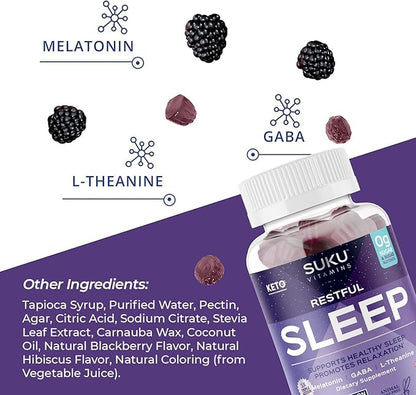 SUKU Restful Sleep Gummies – 3 mg Melatonin, L-Theanine & GABA – Vegan, Sugar-Free Chewable for Relaxation & Natural Sleep Support – BlackBerry-Hibiscus Flavor – Non-GMO, Gluten-Free – 50 Count