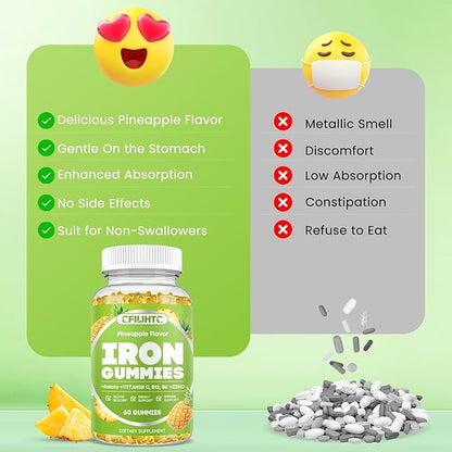 Iron Gummies for Adults & Kids - Iron Supplement with Vitamin B6, B12, C, Zinc, Folate for Women & Men - Support Iron Deficiency, Anemia, Energy Boost, Blood Builder - Sugar Free Vegan 60ct Pineapple