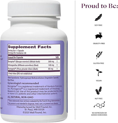 Womaness Me.No.Pause Supplement for Women - Hormone Balance for Women Perimenopause and Menopause - Ashwagandha, Pycnogenol and Bacognize for Hot Flashes, Brain Fog and Mood Hormone Free - 30 Capsules