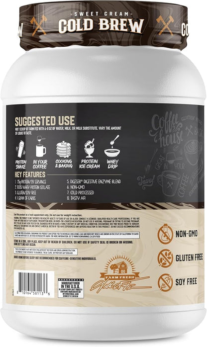 Axe & Sledge Farm Fed 100% Whey Protein Isolate | 25g Protein | Low Carb, Low Sugar, Gluten Free | Protein Powder for Men and Women | Keto | Made in The USA | 28 Servings, Sweet Cream Cold Brew