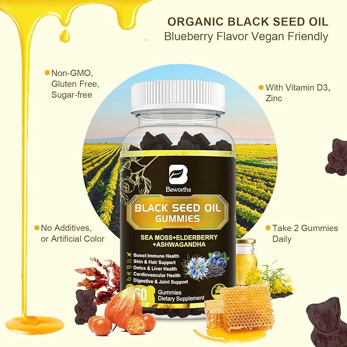 Black Seed Oil Gummies with Ashwagandha & Irish Sea Moss & Elderberry – Immune Support Supplement with Vitamin C, D3, Zinc, Nigella Sativa Black Cumin Gummy for Hair Growth & Joint Health - 60 Vegan