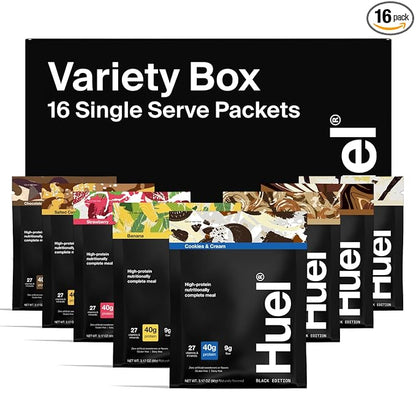 Huel Black Edition | Variety Pack 40g Vegan Protein Powder | Nutritionally Complete Meal Replacement | 27 Vitamins and Minerals, Gluten Free | 16 Single Serving Packets