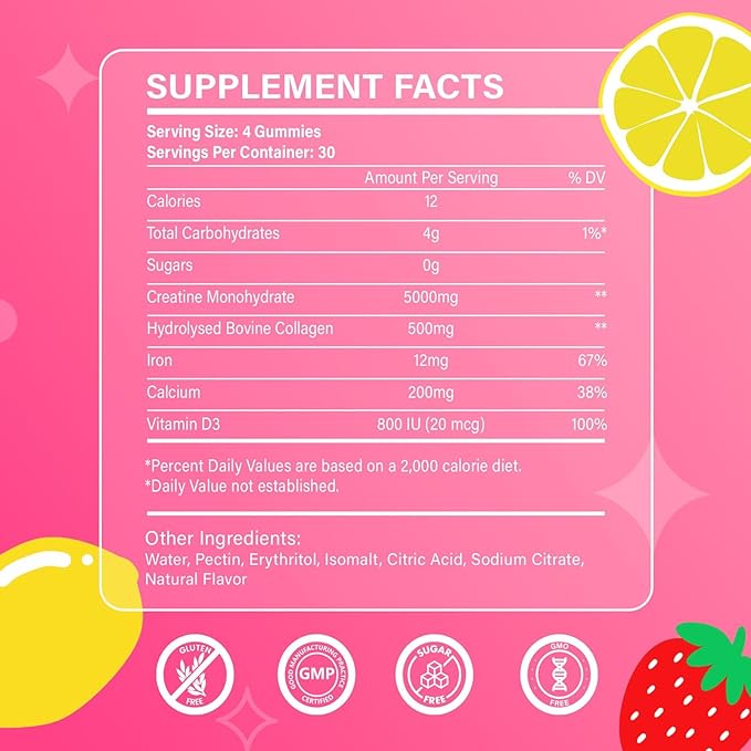 Creatine for Women, Creatine Monohydrate Gummies with Collagen, Vitamin D3 & Calcium for Muscles, Booty & Energy, Flavored Sugar Free Creatine Gummies Post & Pre Workout Supplements for Women, 120 Ct