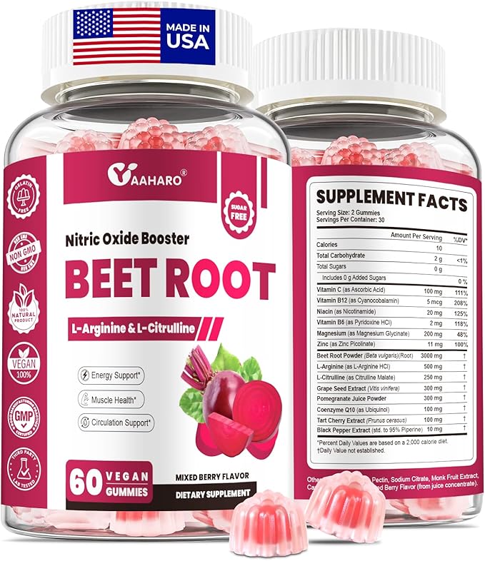 Beet Root Gummies - Nitric Oxide Booster Supplements for Men & Women with Beetroot, L-Citrulline & L-Arginine - Heart, Muscle & Circulation Support - Sugar Free, Vegan, Mixed Berry Flavor, 60 Gummies