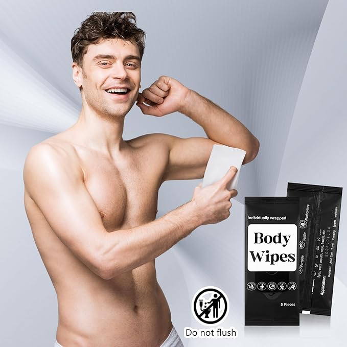 300 Pcs 60 Pack Body Wipes for Adults Bathing No Rinse Individually Wrapped Shower Wipes Washcloth with Aloe Cleansing Body Wash Cloths Disposable Bulk Deodorant Homeless(Black Background)