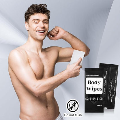 300 Pcs 60 Pack Body Wipes for Adults Bathing No Rinse Individually Wrapped Shower Wipes Washcloth with Aloe Cleansing Body Wash Cloths Disposable Bulk Deodorant Homeless(Black Background)