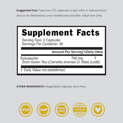 Epicatechin Extract 750mg Per Serving - (60 Capsules) - Supports Lean Muscle, Nitric Oxide, Myostatin Inhibitor, Stamina, Endurance, Pump & Gains - Non-GMO & Vegan Supplement - (60 Count)