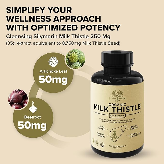 USDA Organic Milk Thistle Liver Detox Supplement 80% Silymarin, 250 mg with Beet Root & Artichoke Extract for Liver Support & Digestion, Made in USA, 120 Capsules (2 Month Supply)