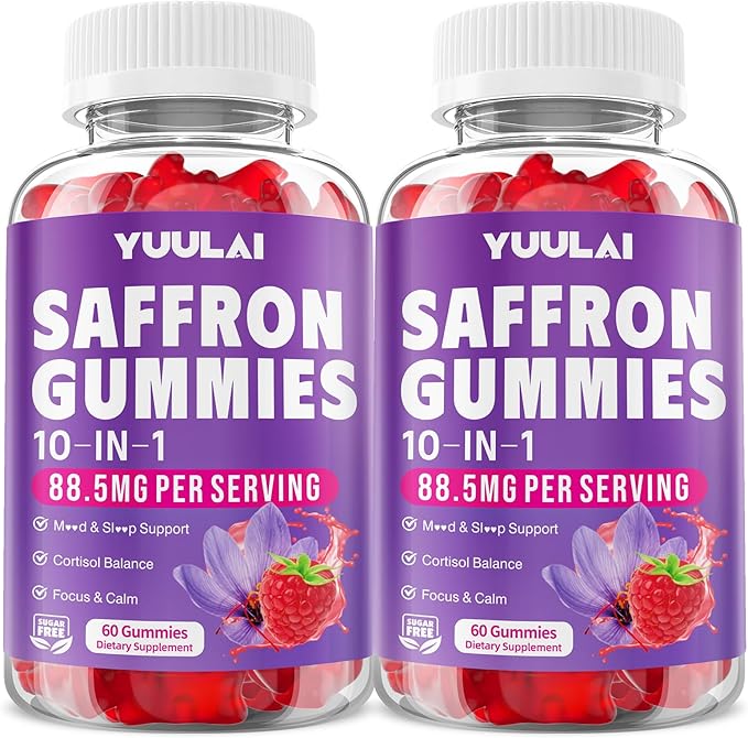 Pack of 2 Saffron Gummies, 10-in-1 Saffron Supplements for Kids & Adults with 88.5mg Saffron Extract, for Emotions, Zzz, Sugar Free, Raspberry Flavor, 120 Count