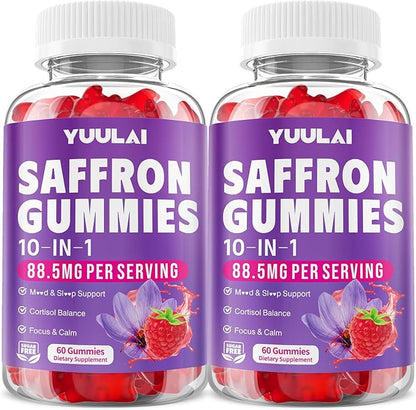 Pack of 2 Saffron Gummies, 10-in-1 Saffron Supplements for Kids & Adults with 88.5mg Saffron Extract, for Emotions, Zzz, Sugar Free, Raspberry Flavor, 120 Count