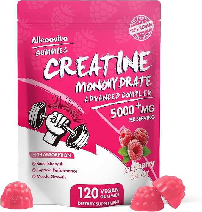 NSF Certified Creatine Gummy - Creatine Monohydrate Gummies 5000mg for Men & Women -120 Gummies Advanced Formula, Muscle Strength, Muscle Builder, Energy Boost, Pre-Workout Supplement-Raspberry