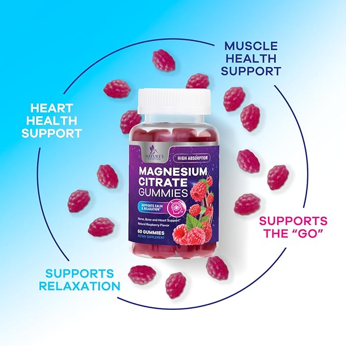 Magnesium Citrate Gummies for Adults & Kids - High Absorption Magnesium Supplements - Premium Calm, Relaxation, Muscle, Nerve, Bone & Heart Support - Great-Tasting Vegan Gummy Supplement - 60 Gummies
