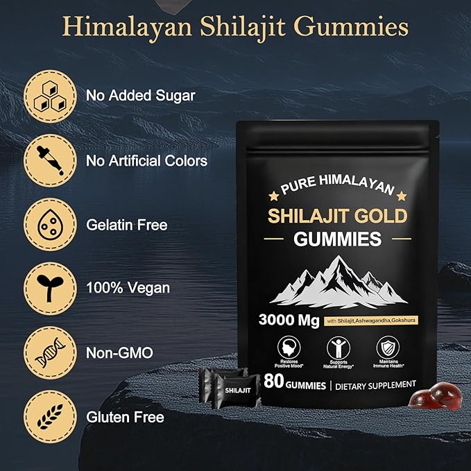 Shilajit Gummies for Men & Women, Natural Himalayan Shilajit Gummies Rich in Ashwagandha, Gokshura with 85+ Minerals, Non-GMO, 100% Pure & Natural, Energy Support & Overall Health, 80 Gummies
