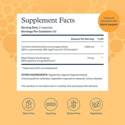 Youtheory Turmeric Extra Strength - 1,000 mg Turmeric Supplement - with 10 mg Black Pepper - Curcumin Joint Support* - Soy, Dairy & Gluten Free -120 Vegetarian Capsules