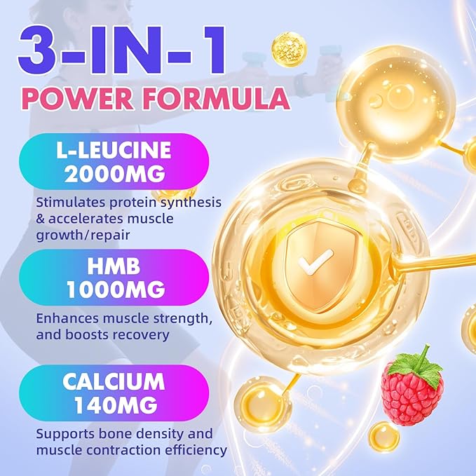 HMB and L-Leucine 3000mg with Calcium Gummies - Muscle Support & Recovery for Adults & Elderly, Vegan, Non-GMO, Gluten Free, 60 Gummies