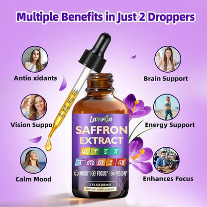 Saffron Extract for Anxiety Relief & Calm Mood Support | 88.5mg Saffron Supplement Drops for Mood, Focus, Eye Support for Mood, Energy & Cognitive Support - 2 fl oz - 2 Pack