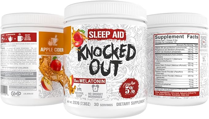 5% Nutrition Rich Piana Knocked Out Natural Sleep Aid | Post-Workout Recovery & Deep Sleep Supplement | GABA, Melatonin, Chamomile, Tyrosine, 5-HTP, & More | 7.3 oz, 30 Servings (Apple Cider)