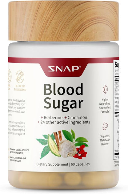 Snap Supplements Blood Sugar Blend with Berberine, CoQ10, Cinnamon, and Gymnema to Support Already Healthy Blood Sugar, Metabolic Health and Energy, Sugar Free, 60 Capsules (Packaging May Vary)