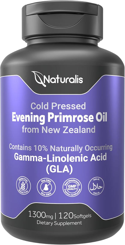 Naturalis Evening Primrose Oil (1300mg) | Natural from New Zealand | Non-GMO, Soy & Gluten Free, Zero Filler | 120 Softgels