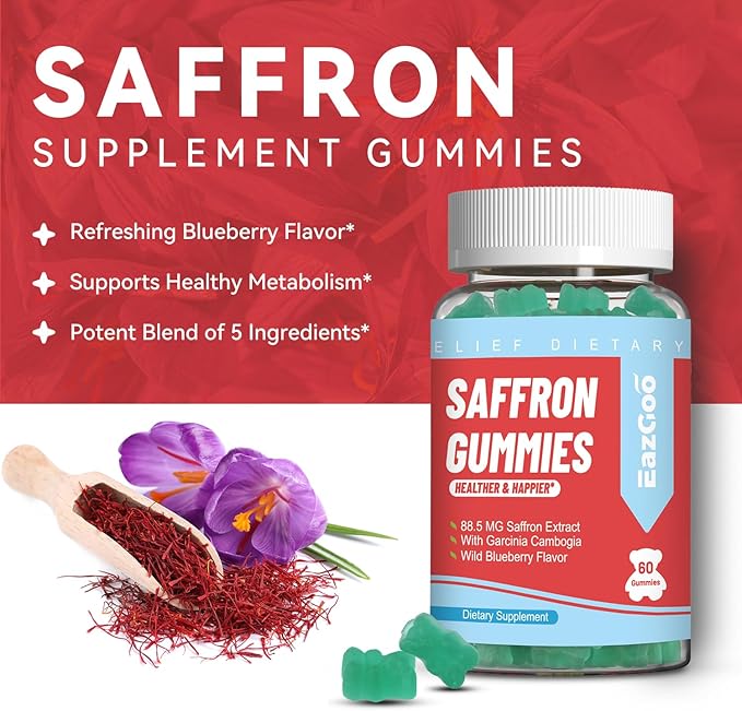 Saffron Supplements Gummies, Saffron Extract for Positive Mood & Calm Nerve, Boost Energy, with Garcinia Cambogia, Vitamin A, B12, Rhodiola Rosea - 120 Gummies