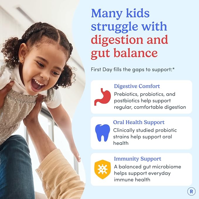 FIRST DAY Kids Probiotic Gummies - 3 in 1 Probiotics for Kids + Prebiotic & Postbiotic - Prebiotics & Probiotics for Digestive Health & Immune Support – Vegan, Gluten Free, 30-Day Supply