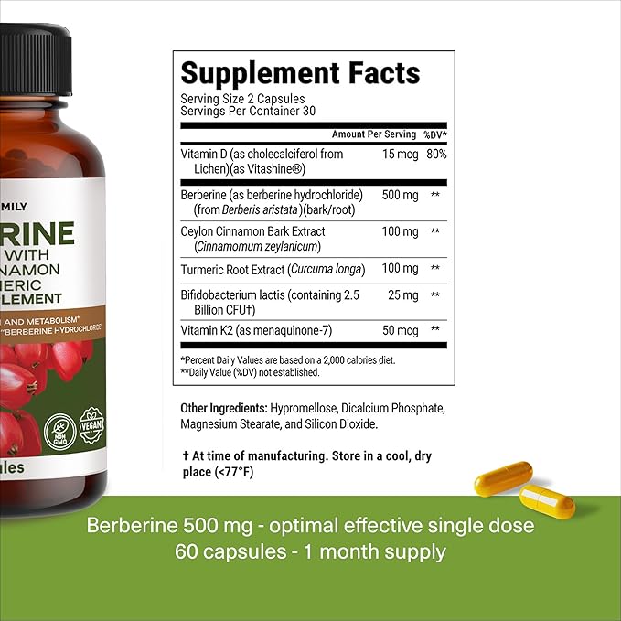 Berberine 500 mg GLP-1 Weight Loss Supplement – Berberine HCl with Ceylon Cinnamon, Probiotics, Vitamin D3 & K2 – Glucose Metabolism & Appetite Support – 1 Pack - 60 Capsules