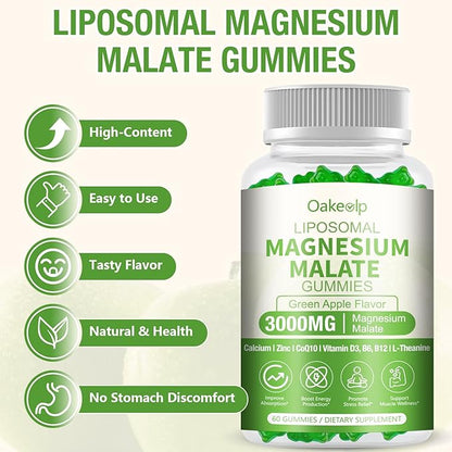2 Pack Liposomal 3000mg Magnesium Malate Gummies Supplement,Complex Creatine Monohydrate,Folate, Active B12 & D3, L-Theanine & CoQ10, for Stress Relief,Methylation, Energy, Muscle & Calm