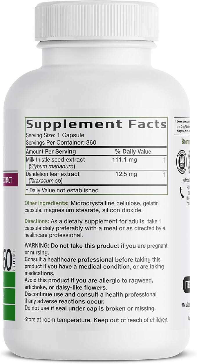 Bronson Milk Thistle Silymarin Marianum & Dandelion Extract Liver Health Support, Antioxidant Support, Detox, 360 Capsules