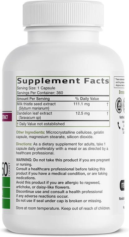 Bronson Milk Thistle Silymarin Marianum & Dandelion Extract Liver Health Support, Antioxidant Support, Detox, 360 Capsules