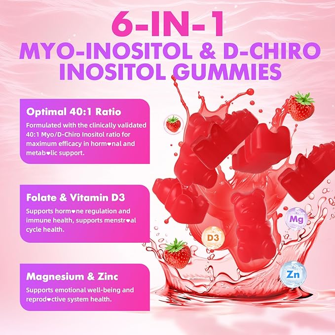softbear Inositol Supplement for Women, Myo-Inositol & D-Chiro Inositol Gummies Ideal 40:1 Ratio for Female Health & Wellness, Sugar-Free/Veagn/GMO-Free, Strawberry Flavor, 120 Count