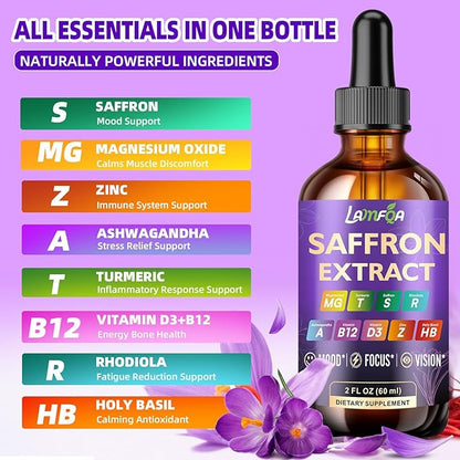 Saffron Extract for Anxiety Relief & Calm Mood Support | 88.5mg Saffron Supplement Drops for Mood, Focus, Eye Support for Mood, Energy & Cognitive Support - 2 fl oz - 2 Pack