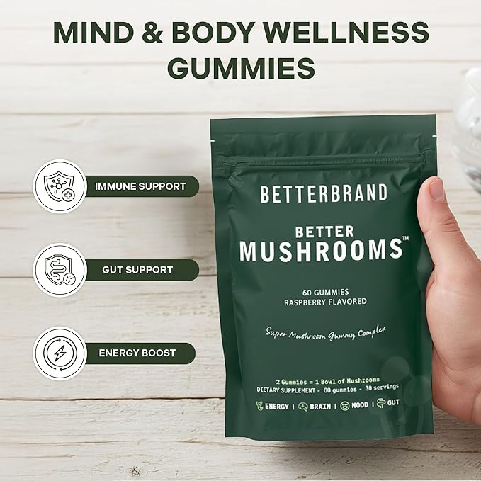 Betterbrand BetterMushrooms Nootropic Gummies - Supports Better Gut Health, Cognitive Function, Mental Clarity with 10 Functional Mushrooms - 60 Gummies - Raspberry Flavor - Pack of 2
