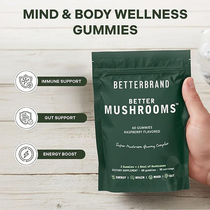 Betterbrand BetterMushrooms Nootropic Gummies - Supports Better Gut Health, Cognitive Function, Mental Clarity with 10 Functional Mushrooms - 60 Gummies - Raspberry Flavor - Pack of 2