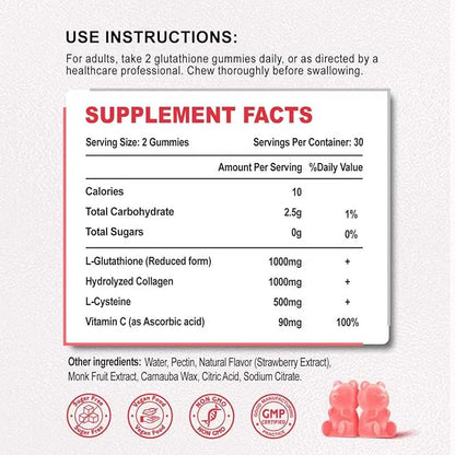 2 Pack Glutathione Collagen Gummies, Collagen Gummies with Vitamin C, Glutathione Supplement for Women, Hair Skin Nails Muscle & Joint, Anti-Aging, Vegan, Sugar Free, Strawberry Flavor, 120 Count