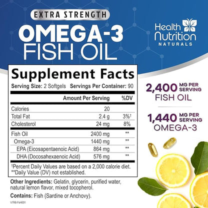 Omega 3 Fish Oil Supplements - 2400mg Fish Oil Per Serving - Triple Strength Omega-3 with EPA & DHA Fatty Acids - Natural Heart, Brain & Immune Support - Wild Caught, Bottled in USA - 180 Softgels