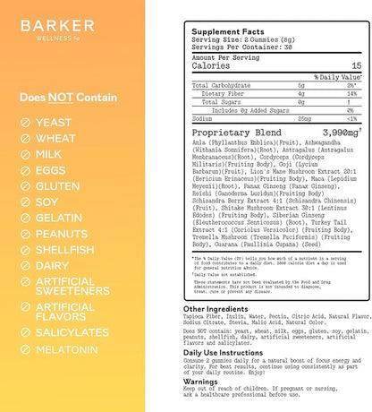 Barker Wellness Daytime Sugar-Free Adaptogen Mushroom Gummies - Lion's Mane, Cordyceps, Reishi & Shiitake | Vegan, Immune System Support, Natural Energy, Enhanced Focus & Mood for Adults | 60 Count