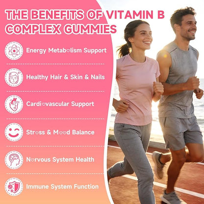 Vitamin B Complex Gummies for Women & Men - Vitamin B12, B1, B2, B3, B5, B6, B-Complex Vitamin Supplements for Energy & Immune Support, Sugar-Free/Vegan/Gluten-Free, Raspberry Flavor 60 Count