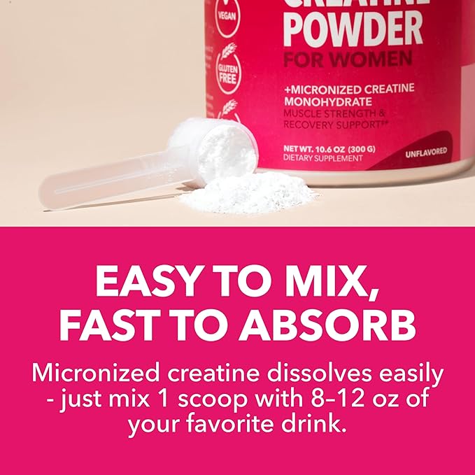 Creatine for Women - Formulated for Women - 3g Micronized Creatine Monohydrate Per Serving to Support Energy, Lean Muscle Mass, and Mental Clarity - Unflavored, Vegan, Non-GMO, 100 Servings