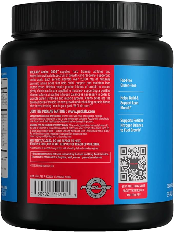 Prolab Amino 2000 Essential Amino Acids Supplement, Full-Spectrum EAA Formula for Muscle Recovery, Lean Muscle Growth & Performance Support (325 Tablets)