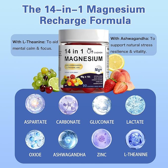 Magnesium 14-in-1 Complex Gummies with Ashwagandha & L-Theanine, Zinc | Deep Clamly Magnesium Glycinate Gummies, Stress Relief & Calm Support Formula | Vegan, Sugar-Free Supplement, 90 Count