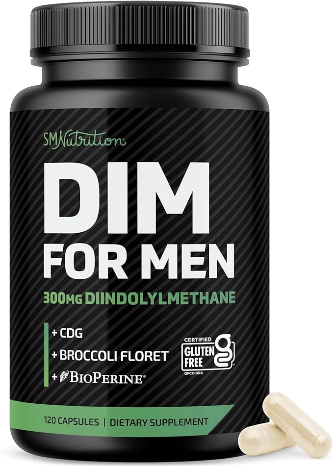 DIM Supplement for Men 300mg | Estrogen Blocker & Aromatase Inhibitor | Extra Strength Men’s Hormone Balance & Fitness Booster with Diindolylmethane Plus CDG & Broccoli Floret | Gluten-Free | 120 Ct
