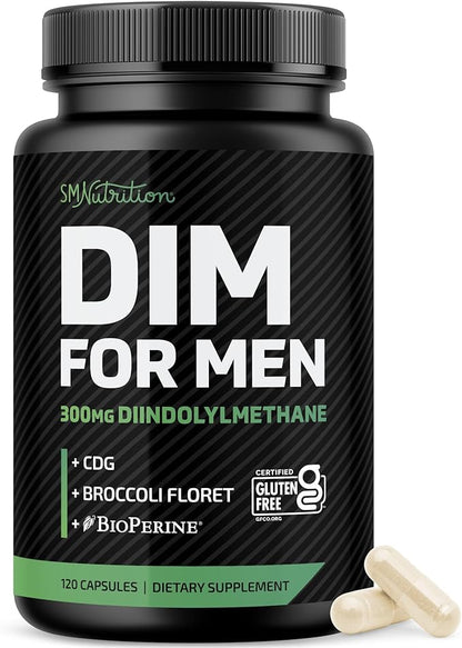 DIM Supplement for Men 300mg | Estrogen Blocker & Aromatase Inhibitor | Extra Strength Men’s Hormone Balance & Fitness Booster with Diindolylmethane Plus CDG & Broccoli Floret | Gluten-Free | 120 Ct