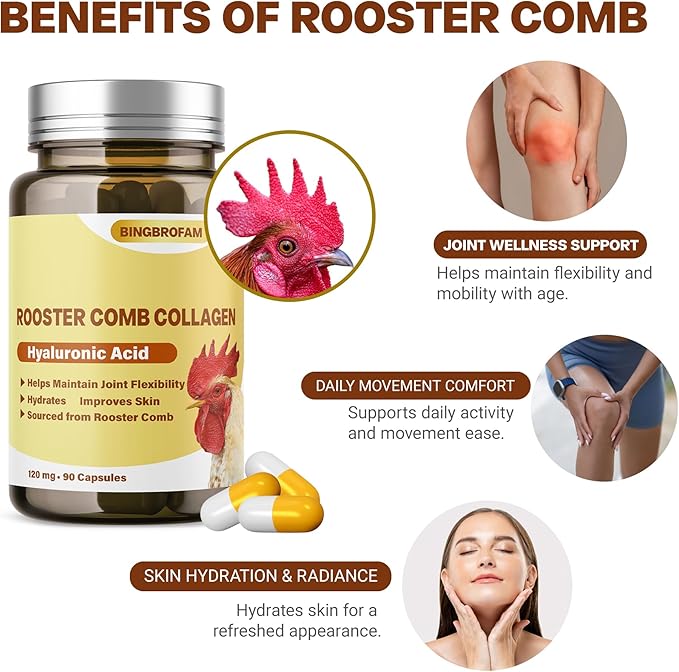 Rooster Comb Collagen, Natural Hyaluronic Acid Supplement for Joint Support, Mobility & Skin Hydration – 120mg 60 Capsule
