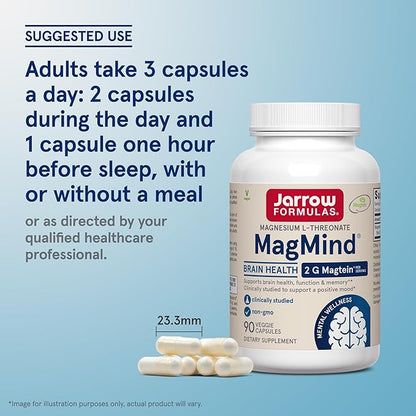Jarrow Formulas Magnesium L-Threonate, MagMind Magtein Magnesium Supplement, Brain Supplements for Memory Support, 90 Veggie Capsules, Up to a 30 Day Supply