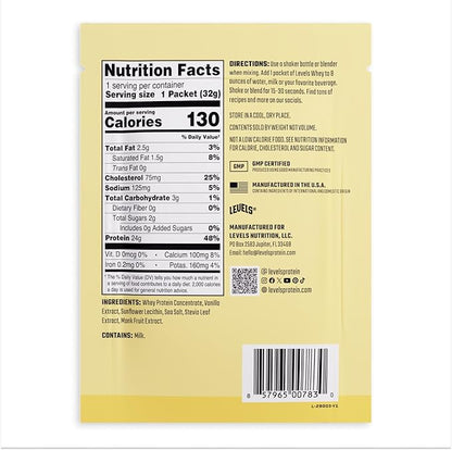 Levels Grass Fed Whey Protein Powder, No Artificials, 24G of Protein, Vanilla Bean, 12 Count
