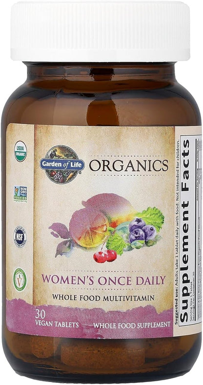 Garden of Life Organics Multivitamin for Women - Women's Once Daily Multi - Whole Food Multi with Iron, Biotin, Vegan Organic Womens Multivitamin for Health, Energy Hair Skin and Nails, 30 Tablets