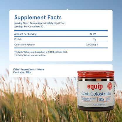 Equip Foods Core Bovine Colostrum Powder - 3,000mg Grass Fed Colostrum Supplement - Gut Health, Immunity, Recovery Lactoferrin Supplements - Keto Friendly Bovine Colostrum, 30 Servings, Unflavored
