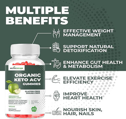 Organic Keto ACV Gummies Advanced Weight Loss - Gluten & Sugar Free Belly Fat Burner Apple Cider Vinegar Diet Supplement for Women Men (1000MG)